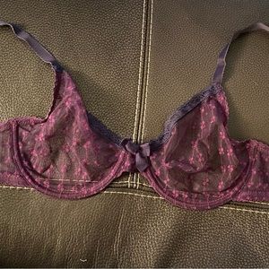 French HUIT sheer underwire 32D bra purple sheer mesh w blue trim/bow